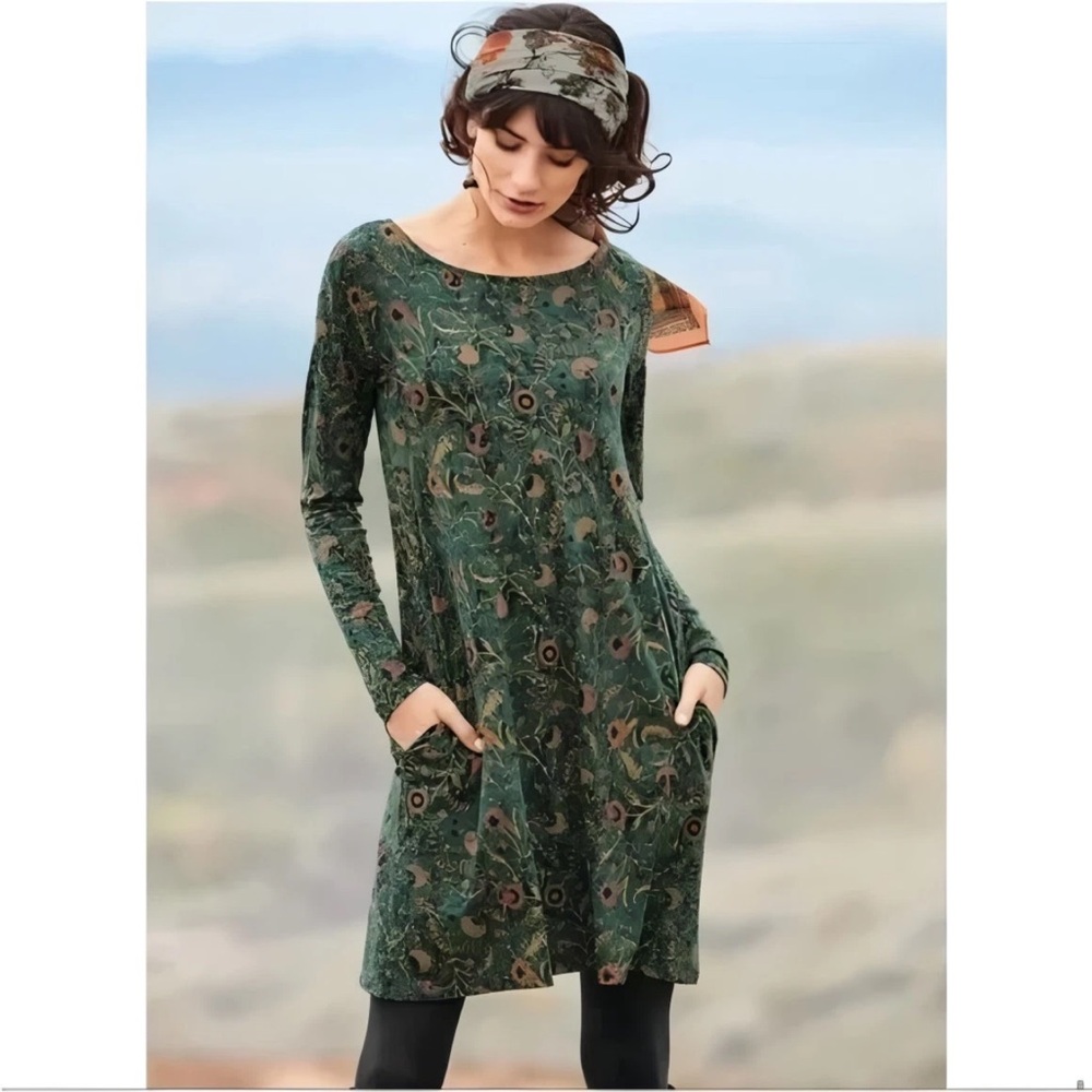 Peruvian Connection Orla Knit Dress Green Floral Pockets Long Sleeve Size XL